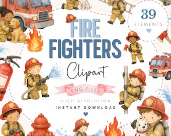 Paquete de imágenes prediseñadas de bomberos en acuarela - Arte PNG de mujeres bomberas lindas - Imágenes de camiones de bomberos de acceso instantáneo - Descarga digital en tonos pastel