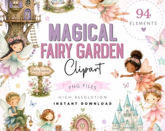 Paquete de imágenes prediseñadas de hadas mágicas en acuarela - Arte PNG de princesas adorables - Jardín de hadas de acceso instantáneo - Descarga digital en tonos pastel