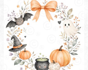 Watercolor Halloween Wreath Clipart Image - Cute Fall PNG Art - Instant Access First Halloween Picture - Halloween Baby Shower Art