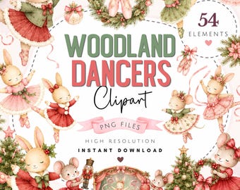 Woodland Dancers Christmas Clip Art -  Watercolor Ballet Christmas PNG - Cute Xmas Illustrations - Bunny Rabbit Ballerina Christmas Images
