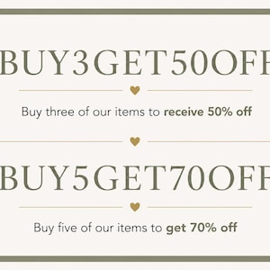 May include: A rectangular graphic with text offering discounts. The text reads "BUY3GET50OFF" and "BUY5GET70OFF", with details about receiving 50% and 70% off, respectively, when purchasing multiple items.
