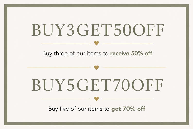 May include: A rectangular graphic with text offering discounts. The text reads "BUY3GET50OFF" and "BUY5GET70OFF", with details about receiving 50% and 70% off, respectively, when purchasing multiple items.