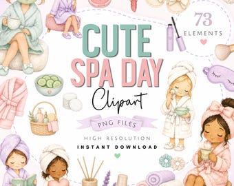 Paquete de imágenes prediseñadas de día de spa en acuarela - Arte PNG de linda princesa mimada - Acceso instantáneo a descarga digital de maquillaje pastel