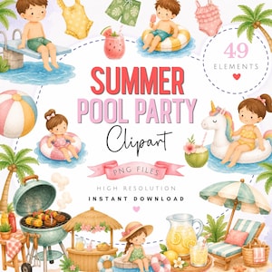 Bundle de cliparts aquarelle été - mignon Pool Party PNG Art - anniversaire tropical accès instantané téléchargement numérique