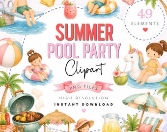 Paquete de imágenes prediseñadas de verano en acuarela - Arte PNG de fiesta en la piscina - Cumpleaños tropical - Descarga digital de acceso instantáneo