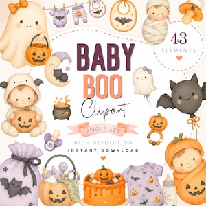 May include: Watercolor clipart set with a Halloween theme. Includes baby-themed illustrations such as a baby in a bat costume holding a pumpkin, a ghost, a bat balloon, and baby clothes. The text "Baby Boo Clipart" is displayed.