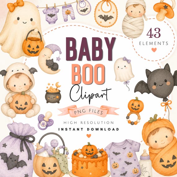 Watercolor Halloween Baby Boo Clipart Bundle - Cute Fall PNG Art - Instant Access New Baby Pictures - Halloween Baby Shower Digital Download