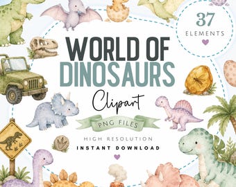Watercolor Dinosaur Clipart Bundle - Cute Dinos PNG Art - Jurassic Dinosaur Instant Access Digital Download