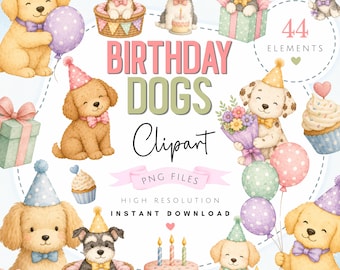 Paquete de imágenes prediseñadas de cumpleaños de perros en acuarela - Arte PNG para fiestas de cachorros - Acceso instantáneo a imágenes de animales adorables - Descarga digital