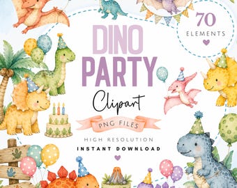 Paquete de imágenes prediseñadas de dinosaurios en acuarela para fiestas - Arte PNG de dinosaurios adorables para fiestas de cumpleaños - Descarga digital de acceso instantáneo de dinosaurios jurásicos