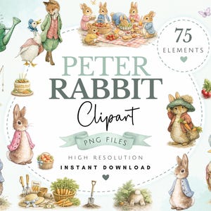 Puede incluir: Clipart de acuarela con Peter Rabbit y sus amigos. La imagen incluye ilustraciones de conejos, un zorro, un búho y un ganso, junto con herramientas de jardinería, zanahorias y un pastel. Se muestra el texto "Peter Rabbit Clipart".