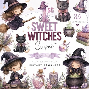 Lot de cliparts aquarelle sorcières douces - mignon Halloween PNG art - toutes les photos de la Saint-Sylvestre - potions et livres de sorts