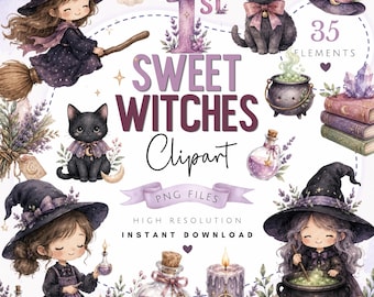 Watercolor Sweet Witches Clipart Bundle - Cute Halloween PNG Art - All Hallows Eve Pictures - Potions & Spellbooks
