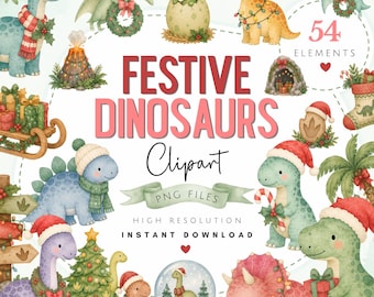 Watercolor Christmas Dinosaur Clipart Bundle - Cute Festive Dinos PNG Art -  Xmas Jurassic Instant Access Digital Download