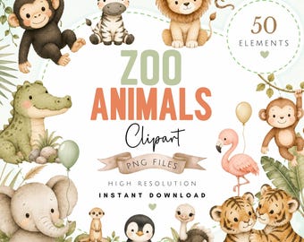 Paquete de imágenes prediseñadas de animales del zoológico en acuarela - Arte PNG de animales de safari - Imágenes de animales de la jungla de acceso instantáneo - León, tigre, cebra (descarga digital)