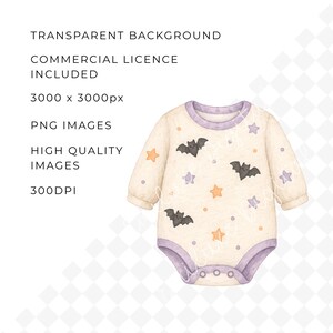 May include: A cream-colored baby onesie with long sleeves, featuring a purple trim and adorned with illustrations of bats and stars in orange, purple, and gray. The text on the image reads: TRANSPARENT BACKGROUND, COMMERCIAL LICENCE INCLUDED, 3000 x 3000px, PNG IMAGES, HIGH QUALITY IMAGES, 300DPI.