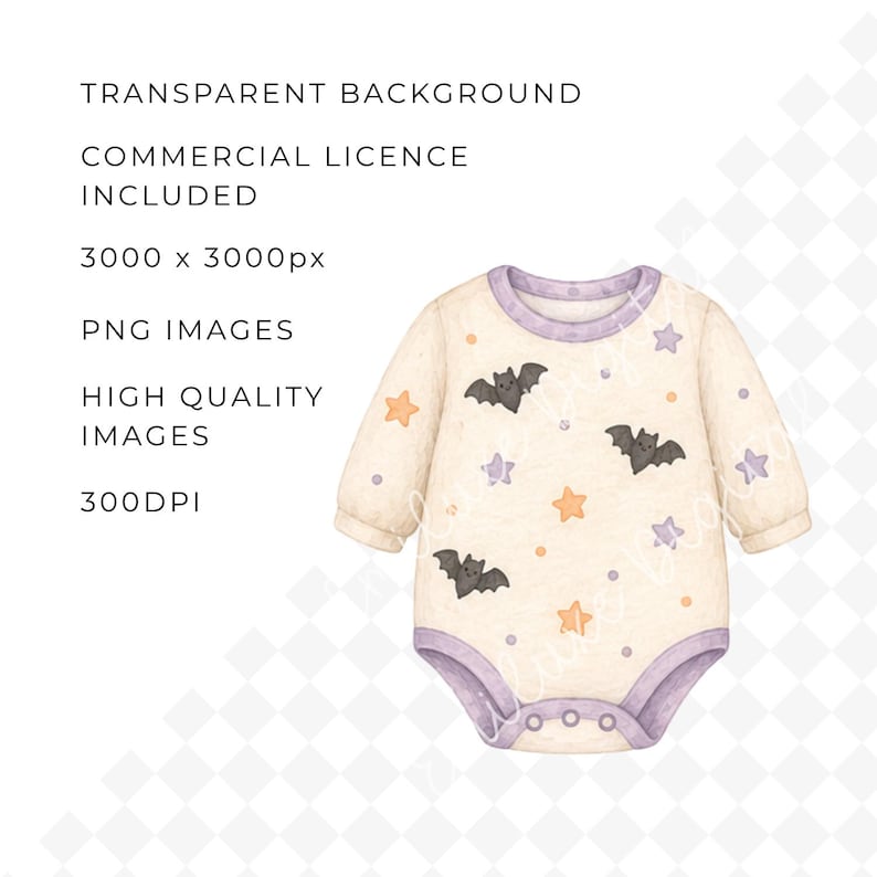May include: A cream-colored baby onesie with long sleeves, featuring a purple trim and adorned with illustrations of bats and stars in orange, purple, and gray. The text on the image reads: TRANSPARENT BACKGROUND, COMMERCIAL LICENCE INCLUDED, 3000 x 3000px, PNG IMAGES, HIGH QUALITY IMAGES, 300DPI.
