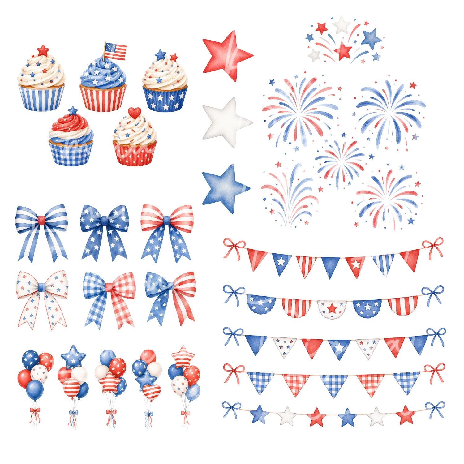 Watercolor Fourth of July Essentials Party Clipart Bundle - 4th July ...