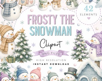 Imágenes prediseñadas de muñecos de nieve adorables - Muñecos de nieve navideños en acuarela PNG - Lindas ilustraciones navideñas - Acogedoras imágenes PNG de Frosty el muñeco de nieve para Navidad