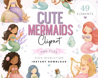 Paquete de imágenes prediseñadas de sirenas mágicas en acuarela - Arte PNG lindo bajo el mar - Acceso instantáneo Descarga digital de lindas sirenas en tonos pastel