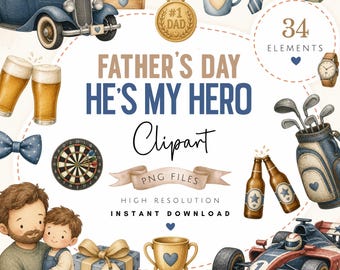 Paquete de imágenes prediseñadas PNG para el Día del Padre, elementos de papá en acuarela, vaso de cerveza, dardos, fútbol, golf, pesca, coche, imágenes prediseñadas de regalo