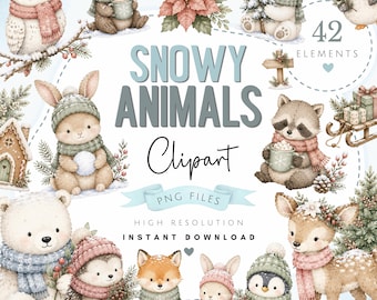 Imágenes prediseñadas navideñas nevadas en acuarela - Animales navideños festivos del bosque PNG - Lindas ilustraciones de animales - Imágenes de la primera Navidad