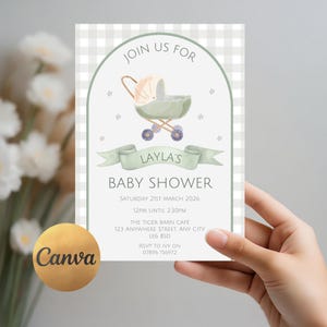 May include: A baby shower invitation featuring a light green and white gingham pattern. The design includes a baby carriage illustration, stars, and a banner that reads "Layla's Baby Shower." The invitation also includes the date, time, and location.