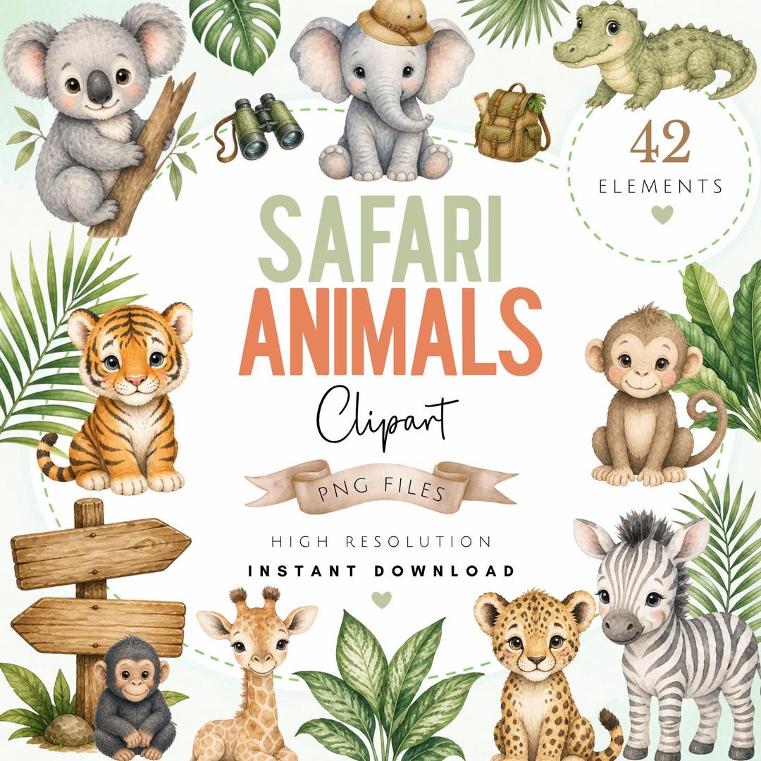 Watercolor Safari Clipart Bundle - Jungle Animals PNG Art - Instant ...