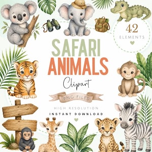Puede incluir: Clipart de acuarela con una variedad de animales de safari, incluyendo un koala, un elefante, un tigre, un mono, una jirafa, una cebra y un leopardo. La imagen incluye el texto "SAFARI ANIMALS Clipart" y "PNG FILES". La imagen también incluye el texto "HIGH RESOLUTION" y "INSTANT DOWNLOAD".