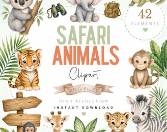 Paquete de imágenes prediseñadas de safari en acuarela - Arte PNG de animales de la jungla - Acceso instantáneo a imágenes de vida salvaje - León, tigre, cebra (descarga digital)
