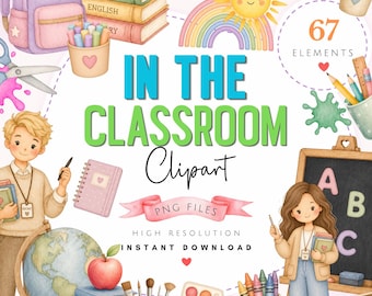 Imágenes prediseñadas escolares en tonos pastel - Imágenes prediseñadas para maestros - Gráficos de regreso a clases - Primer día - Ilustraciones educativas - Material escolar PNG - Aula