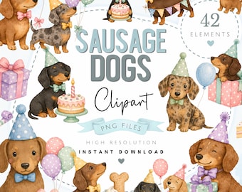 Paquete de imágenes prediseñadas de cumpleaños de perros en acuarela - Arte PNG para fiestas de cachorros - Acceso instantáneo a imágenes de animales adorables - Descarga digital