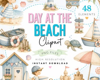 Paquete de imágenes prediseñadas de verano en acuarela - Lindo arte PNG de playa - Fiesta de cumpleaños junto al mar - Descarga digital de acceso instantáneo