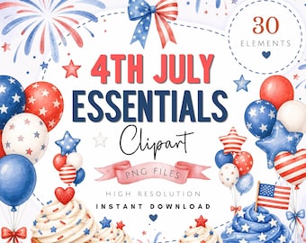Paquete de imágenes prediseñadas de acuarela para fiestas del 4 de julio - Arte PNG del 4 de julio - Imágenes del Día de la Independencia - Fuegos artificiales, globos, pancartas