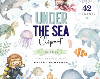 Paquete de imágenes prediseñadas de acuarela bajo el mar - Arte PNG de vida marina adorable - Acceso instantáneo Descarga digital de tiburones, ballenas y peces en tonos pastel