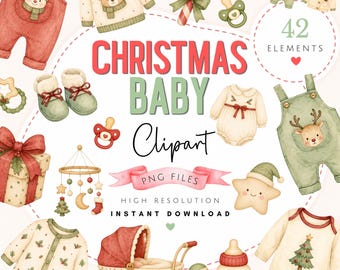 Christmas Baby Clip Art -  Watercolor First Christmas PNG - Cute 1st Xmas Illustrations - Baby Nursery Images - Babies First Christmas Art