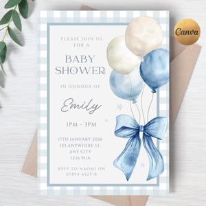 May include: Baby shower invitation with a blue and white gingham pattern. The design includes watercolor balloons, a bow, and the text "Baby Shower" and "Emily". The Canva logo is visible.