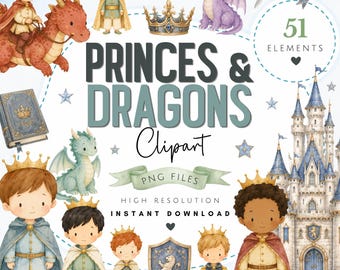 Paquete de imágenes prediseñadas de príncipes y dragones en acuarela - Lindo arte PNG de príncipe mágico - Descarga digital de cumpleaños para niño pequeño con dragones