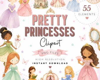 Paquete de imágenes prediseñadas de princesas en acuarela - Arte PNG de princesas mágicas y adorables - Descarga digital para cumpleaños de niñas pequeñas y hermosas princesas