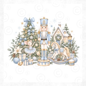 Può includere: Un'illustrazione ad acquerello raffigurante uno schiaccianoci in uniforme azzurra accanto a un albero di Natale decorato, una ballerina topo in tutù blu, un cavallo a dondolo, una casa innevata e varie scatole regalo impacchettate.