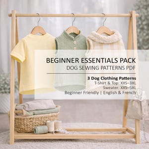 Puede incluir: Un perchero de madera exhibe tres prendas para perros: una camiseta amarilla, un chaleco verde y un suéter a cuadros. El perchero también contiene una cesta con tela doblada y carretes de hilo. El texto de la imagen dice "BEGINNER ESSENTIALS PACK" y "DOG SEWING PATTERNS PDF".