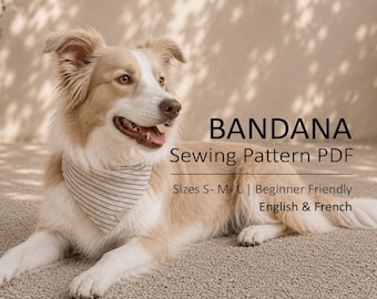 Könnte beinhalten: Ein hellbrauner und weißer Hund trägt ein beiges und schwarz gestreiftes Halstuch. Der Text auf dem Bild lautet: BANDANA Sewing Pattern PDF, Sizes S- M- L | Beginner Friendly, English & French.