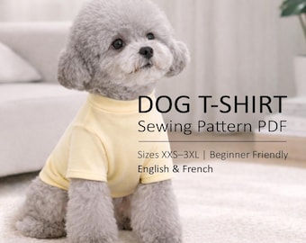May include: A small gray dog wearing a light yellow t-shirt. The text on the image reads "DOG T-SHIRT Sewing Pattern PDF" and "Sizes XXS-3XL | Beginner Friendly English & French". The dog is sitting on a light-colored carpet.