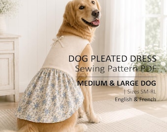 Könnte beinhalten: Ein Golden Retriever trägt ein beiges ärmelloses Kleid mit einem blau-weiß geblümten Faltenrock und einer kleinen Schleife am Ausschnitt. Der Text lautet: DOG PLEATED DRESS Sewing Pattern PDF MEDIUM & LARGE DOG | Sizes SM-RL English & French.