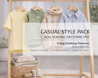 Könnte beinhalten: Ein Kleiderständer aus Holz zeigt vier Hundekleidungsstücke: ein gelbes T-Shirt, eine hellgrüne Weste, einen beigen karierten Pullover und ein hellblaues Hemd. Text: CASUAL STYLE PACK DOG SEWING PATTERNS PDF, 4 Dog Clothing Patterns, Sizes XXS-3XL.