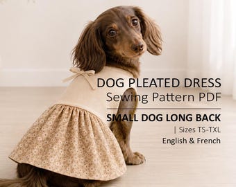 Könnte beinhalten: Ein brauner Langhaardackel trägt ein beiges Kleid mit geblümtem Rock und einer kleinen Schleife am Hals. Der Text lautet: DOG PLEATED DRESS Sewing Pattern PDF, SMALL DOG LONG BACK, Sizes TS-TXL, English & French.
