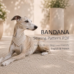 May include: A light-colored dog wearing a beige and white gingham bandana. The text reads: BANDANA Sewing Pattern PDF, Sizes S- M- L | Beginner Friendly, English & French. The dog is lying down on a textured surface in a bright, neutral setting.