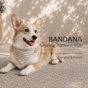 May include: A Corgi dog wearing a beige bandana with thin dark horizontal stripes. The text on the image reads: BANDANA Sewing Pattern PDF, Sizes S- M- L | Beginner Friendly, English & French. The dog is lying down on a textured beige surface.