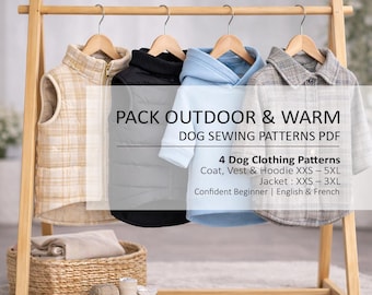 Könnte beinhalten: Vier Hundekleidungsstücke auf Holzkleiderbügeln: eine beige karierte Weste, eine schwarze Steppweste, ein hellblauer Kapuzenpullover und eine graue karierte Jacke. Text: PACK OUTDOOR & WARM DOG SEWING PATTERNS PDF 4 Dog Clothing Patterns Coat, Vest & Hoodie XXS – 5XL Jacket : XXS – 3XL Confident Beginner | English & French.