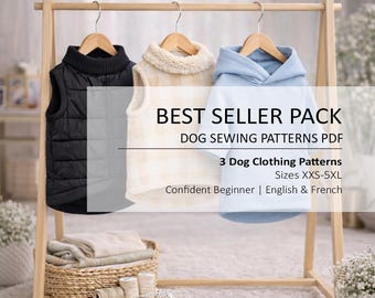 May include: Three dog clothing patterns in sizes XXS-5XL are displayed on a wooden rack. The garments include a black quilted vest, a cream-colored vest with a fluffy collar, and a light blue hoodie. The text reads "BEST SELLER PACK".
